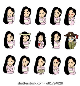 Set of colorful cartoon girls emoticons stickers:happy, peace, love, angry, cold, flirtation, 
wink , angel, pizza ,funny. Vector illustration.