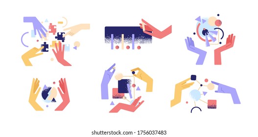 Set of colorful cartoon human hands use different abstract things vector flat illustration. Arms holding figure during teamwork, research, assembly and analytics isolated. Concept of manual activity
