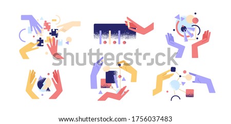Set of colorful cartoon human hands use different abstract things vector flat illustration. Arms holding figure during teamwork, research, assembly and analytics isolated. Concept of manual activity Stock photo © 
