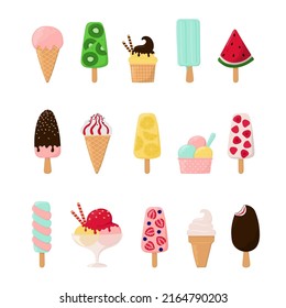 Set of colorful cartoon ice creams and popsicles. Can be used for poster, print, cards, clothes decoration and ice cream shop logo. Isolated vector illustration