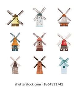 Set of colorful cartoon icons or symbols of windmills, flat vector illustration isolated on white background. Vintage various shapes of windmill buildings collection.