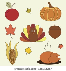 Set of colorful cartoon icons for thanksgiving day