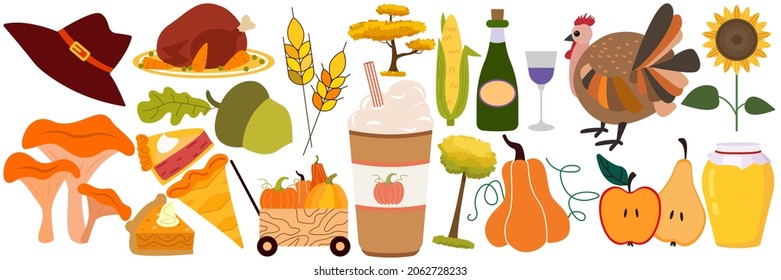 Set of colorful cartoon icons for thanksgiving day