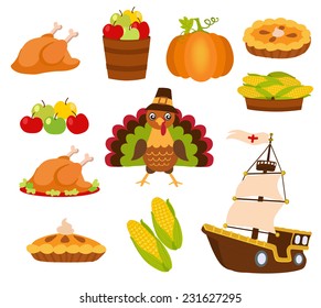 Set of colorful cartoon icons for thanksgiving day.