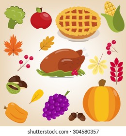 Set of colorful cartoon icons for Thanksgiving day. Turkey, pie, broccoli, apple, corn, pumpkin, grapes, peppers, chestnuts, acorns, fall leaves, berries. Family dinner. Flat style.