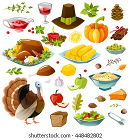 Set of colorful cartoon icons for thanksgiving day. Happy thanksgiving set. Vector illustration