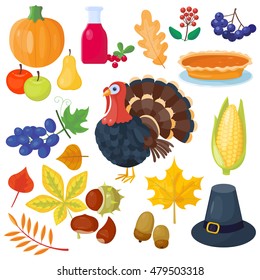 Set of colorful cartoon icons for thanksgiving day