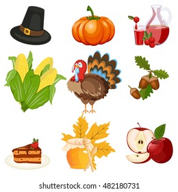 Set of colorful cartoon icons for thanksgiving day. Pumpkin holiday vector thanksgiving icons turkey design leaf celebration. Collection element traditional hat harvest day thanksgiving icons.