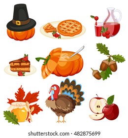 Set of colorful cartoon icons for thanksgiving day. Pumpkin holiday vector thanksgiving icons turkey design leaf celebration. Collection element traditional hat harvest day thanksgiving icons.