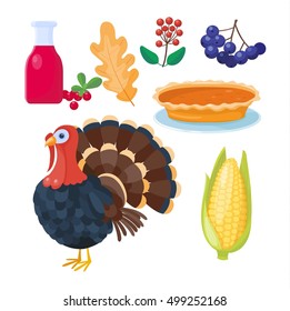 Set of colorful cartoon icons for thanksgiving day