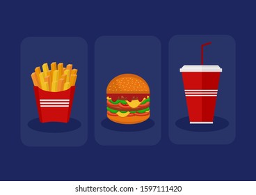 Set of colorful cartoon lunch fast food menu with Hamburger, French fries and Soda on blue background .Group of Fast Food products. Flat design. Vector Illustration.