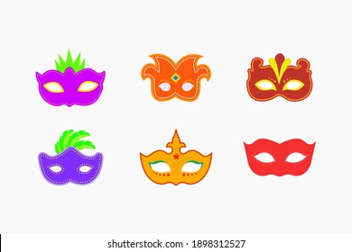 set of colorful cartoon masks with feathers mardi gras carnival party . Fat tuesday, carnival, festival. 