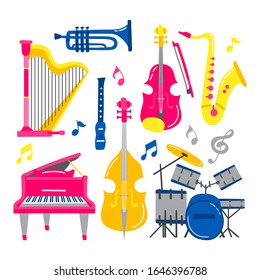 Set of colorful cartoon musical instruments. Vector illustration