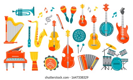 Set of colorful cartoon musical instruments. Vector illustration