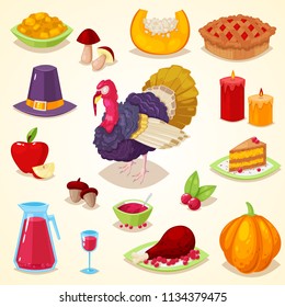 Set of colorful cartoon object for thanksgiving day.Vector illustration.
