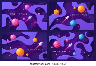 Set of colorful cartoon outer space backgrounds, designs, banners, artworks. Vector illustration.