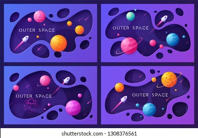 Set of colorful cartoon outer space backgrounds, designs, banners, artworks. Vector illustration.