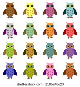 set with colorful cartoon owls on white background 