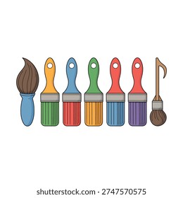 Set of colorful cartoon paint brushes for art projects isolated on white background