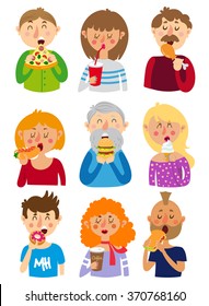 Set of colorful cartoon. People eat fast food