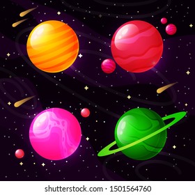 Set of colorful cartoon planets on a cosmic background, planet, space, galaxy, multitude, universe. Vector illustration