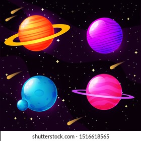 Set of colorful cartoon planets on a cosmic background, planet, space, galaxy, multitude, universe. Vector illustration
