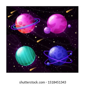 Set of colorful cartoon planets on a cosmic background, planet, space, galaxy, multitude, universe. Vector illustration