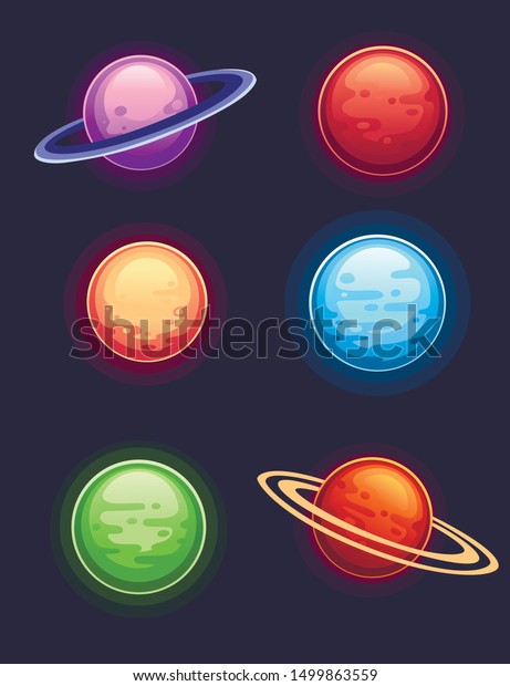 Set of colorful cartoon planets on dark\
background flat vector\
illustration