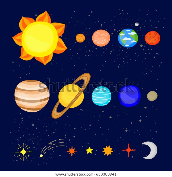 Set of colorful cartoon planets of the\
solar system isolated on blue space\
background.
