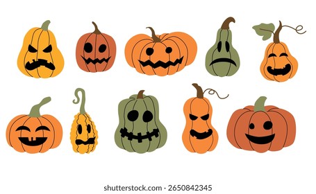 Set of colorful cartoon pumpkins and gourds with funny and spooky carved faces. Halloween clipart in flat style. Decorative autumn vegetables isolated on white background. Vector illustration