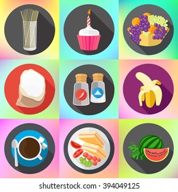 Set of colorful cartoon restaurant food, ingredients and fruits icons. Isolated vector. Set of flat design icons for food and drink. 