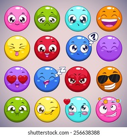 Conjunto de personagens redondos de desenhos animados coloridos com diferentes emoções, emoticons vetoriais isolados