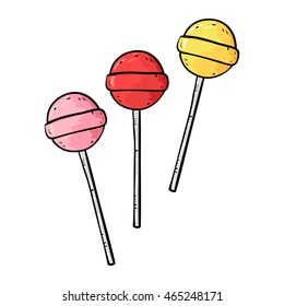Set of colorful cartoon round lollipops isolated on white. Vector illustration. 
