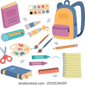 Set of colorful cartoon school supplies. Vector illustration of elements in flat style	