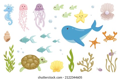 Set of colorful cartoon sea animals, fish, plants. Cartoon vector graphics.