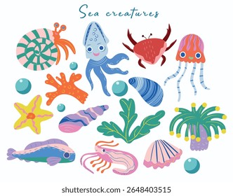 Set of colorful cartoon sea creatures. Includes squid, crab, jellyfish, fish, sea stars, shells, seaweed, corals, and bubbles in playful and bright style. Perfect for marine themes, kids designs