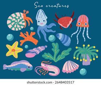 Set of colorful cartoon sea creatures. Includes squid, crab, jellyfish, fish, sea stars, shells, seaweed, corals, and bubbles in playful and bright style. Perfect for marine themes, kids designs