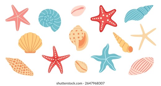 Set of colorful cartoon sea shells and starfish in various shapes and colors, isolated. For scrapbooking, summer, sea, ocean, beach, vacation, tropical, card design. Flat vector. Hand drawn items.