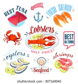 Set of colorful cartoon seafood labels: tuna, salmon, lobster, oysters and shrimps, isolated on white. Vector illustration, eps10.