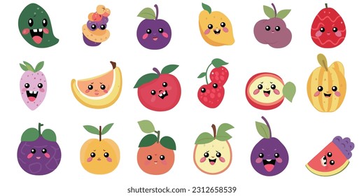 Set of colorful cartoon smiling fruit icons apple pear strawberry banana watermelon pineapple orange peach plum papaya lemon mango grape cherry kiwi vector illustration