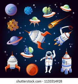 Set of colorful cartoon space elements. Aliens, planets, asteroids, spaceships, stars and astronauts. Universe vector illustration.