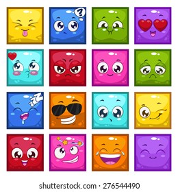 Set Of Colorful Cartoon Square Characters With Different Emotions, Isolated Vector Emoticons, Funny Avatars
