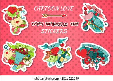 Set of colorful cartoon stickers with Love and Valentine's day objects and symbols. Doodle style. Vector illustration for scrapbooking, patches, badges, pins, prints or for doodle icons.