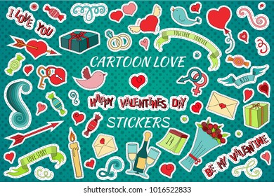 Set of colorful cartoon stickers with Love and Valentine's day objects and symbols. Doodle style. Vector illustration for scrapbooking, patches, badges, pins, prints or for doodle icons.