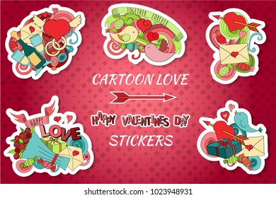 Set of colorful cartoon stickers with Love and Valentine's day objects and symbols. Doodle style. Vector illustration for scrapbooking, patches, badges, pins, prints or for doodle icons.