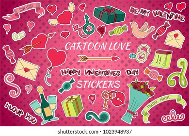 Set of colorful cartoon stickers with Love and Valentine's day objects and symbols. Doodle style. Vector illustration for scrapbooking, patches, badges, pins, prints or for doodle icons.