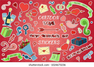 Set of colorful cartoon stickers with Love and Valentine's day objects and symbols. Doodle style. Vector illustration for scrapbooking, patches, badges, pins, prints or for doodle icons.