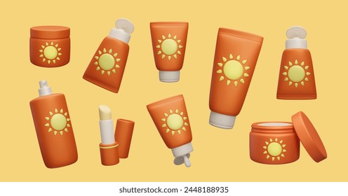 Set von bunten Cartoon-Stil 3D Schönheit Sonnenschutz Kosmetik Produkte. Verschiedene Sonnenschutz UV-Schutz-Flaschen: Cremeglas, Spray, Lotion Tube, Lippenstift Vektorillustration Kollektion. Sommer Hautpflege.