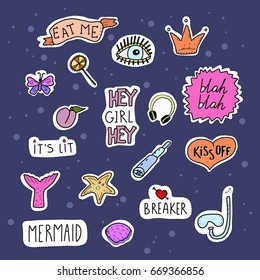 Set of colorful cartoon style badges.Sea themed, hand lettering. Vector patch illustration for design, embroidery and fashion. 