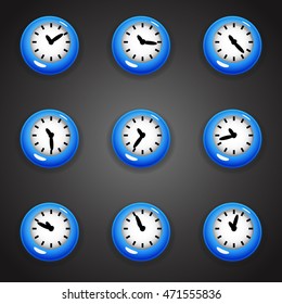 Set of colorful cartoon style clock timer for game with animated hands